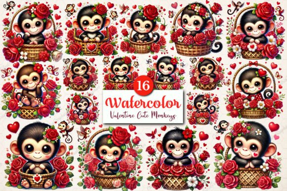 Download Watercolor Valentine Cute Monkeys PNG - Premium Resources