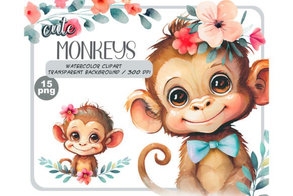 Download Watercolor Cute Baby Monkeys with Flower - Premium Bundle