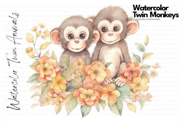 Download Watercolor Twin Monkeys with Flowers - Premium Bundle